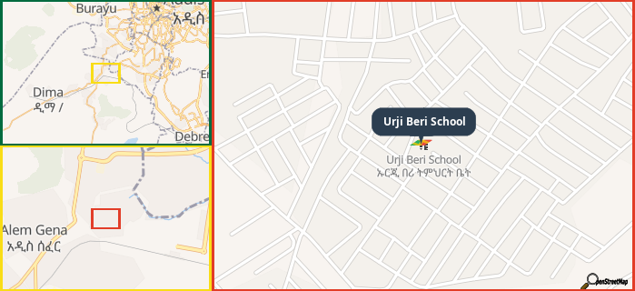 Map showing the address of Urji Beri School in three different zoom levels.