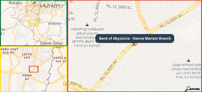 Map showing the address of Bank of Abyssinia - Hanna Mariam Branch in three different zoom levels.