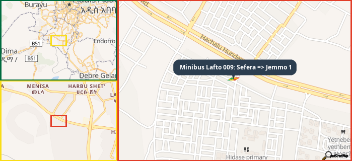 Map showing the address of Minibus Lafto 009: Sefera => Jemmo 1 in three different zoom levels.