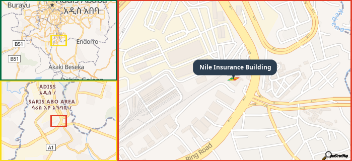Map showing the address of Nile Insurance Building in three different zoom levels.