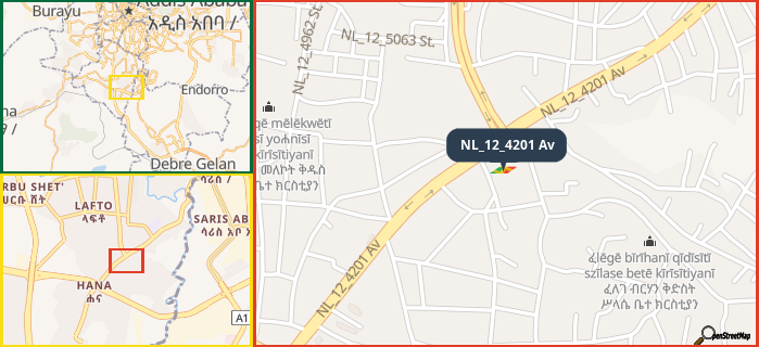 Map showing the address of NL_12_4201 Av in three different zoom levels.