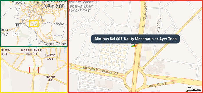 Map showing the address of Minibus Kal 001: Kality Meneharia => Ayer Tena in three different zoom levels.