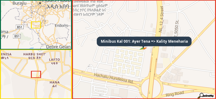 Map showing the address of Minibus Kal 001: Ayer Tena => Kality Meneharia in three different zoom levels.