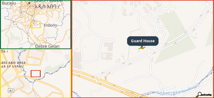 Map showing the address of Guard House in three different zoom levels.