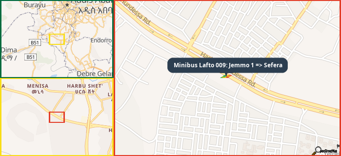 Map showing the address of Minibus Lafto 009: Jemmo 1 => Sefera in three different zoom levels.