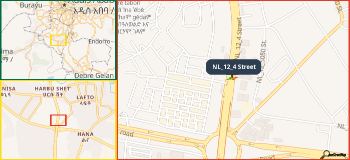 Map showing the address of NL_12_4 Street in three different zoom levels.