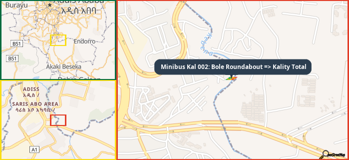 Map showing the address of Minibus Kal 002: Bole Roundabout => Kality Total in three different zoom levels.