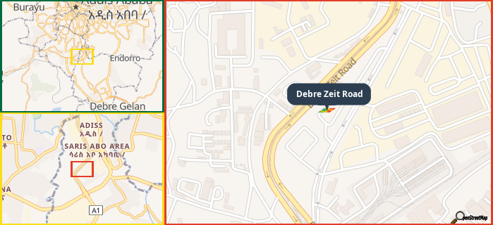 Map showing the address of Debre Zeit Road in three different zoom levels.