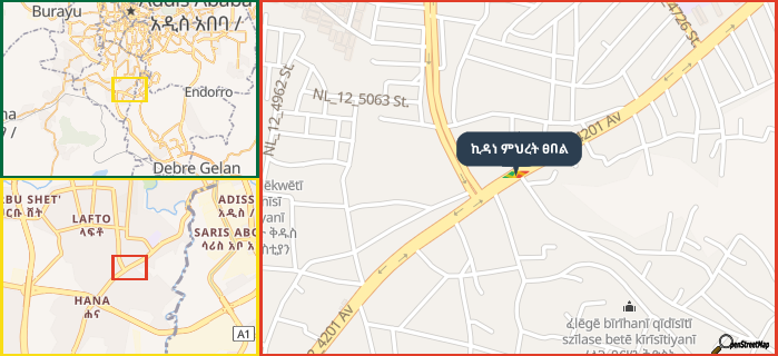 Map showing the address of ኪዳነ ምህረት ፀበል in three different zoom levels.