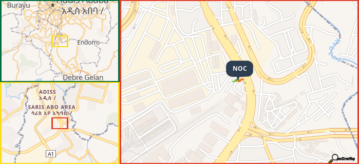 Map showing the address of NOC in three different zoom levels.