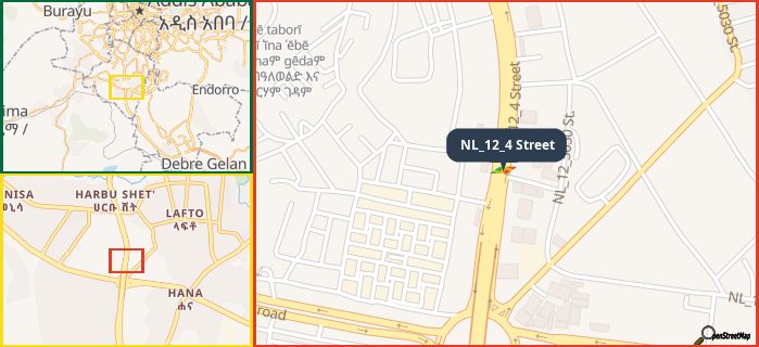 Map showing the address of NL_12_4 Street in three different zoom levels.