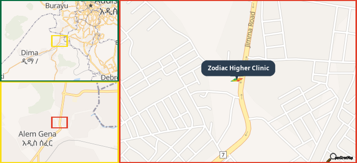 Map showing the address of Zodiac Higher Clinic in three different zoom levels.