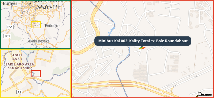 Map showing the address of Minibus Kal 002: Kality Total => Bole Roundabout in three different zoom levels.