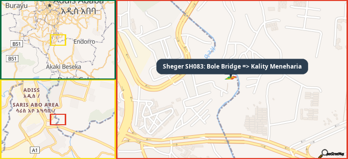 Map showing the address of Sheger SH083: Bole Bridge => Kality Meneharia in three different zoom levels.