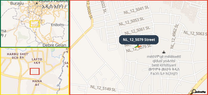 Map showing the address of NL_12_5079 Street in three different zoom levels.