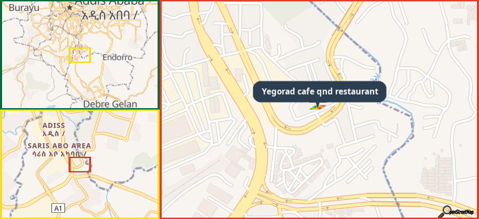 Map showing the address of Yegorad cafe qnd restaurant in three different zoom levels.