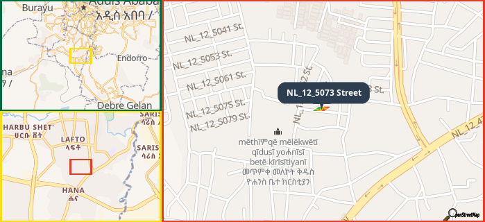 Map showing the address of NL_12_5073 Street in three different zoom levels.