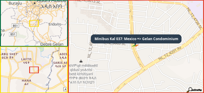 Map showing the address of Minibus Kal 037: Mexico => Gelan Condominium in three different zoom levels.
