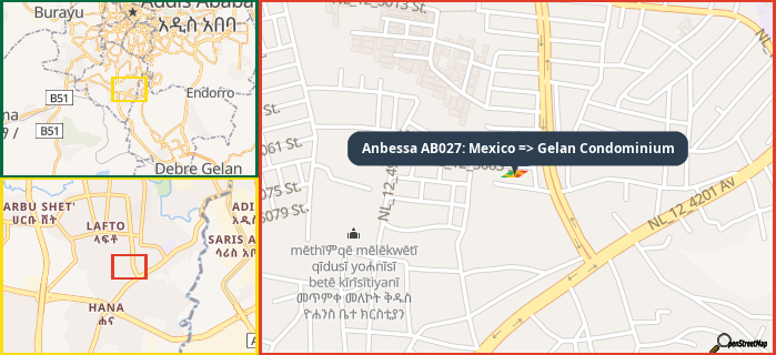 Map showing the address of Anbessa AB027: Mexico => Gelan Condominium in three different zoom levels.