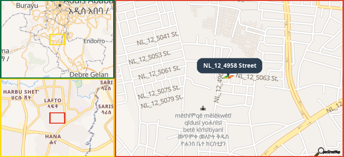 Map showing the address of NL_12_4958 Street in three different zoom levels.