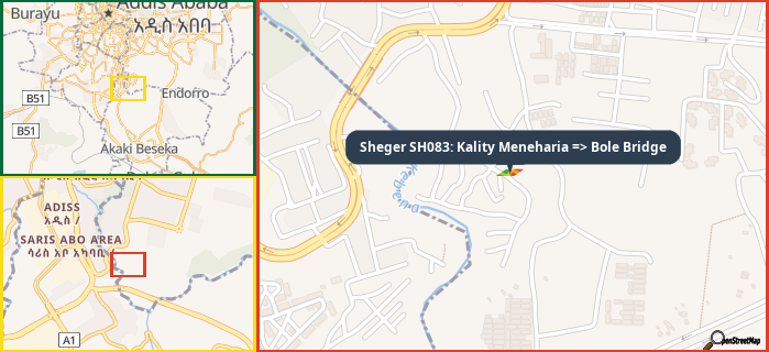 Map showing the address of Sheger SH083: Kality Meneharia => Bole Bridge in three different zoom levels.