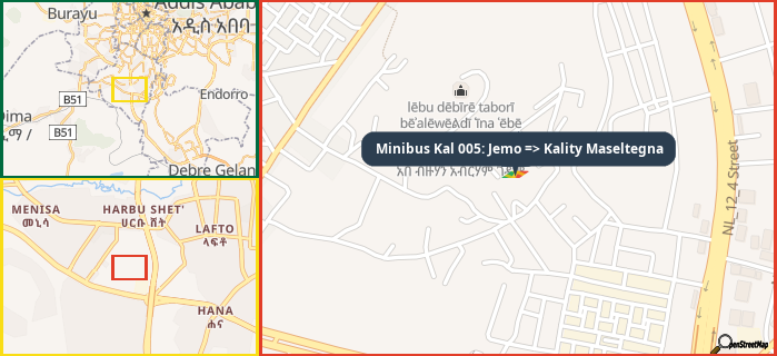Map showing the address of Minibus Kal 005: Jemo => Kality Maseltegna in three different zoom levels.