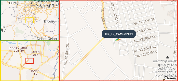 Map showing the address of NL_12_5024 Street in three different zoom levels.