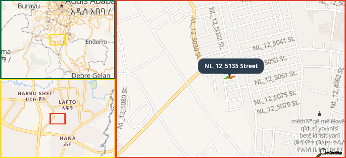 Map showing the address of NL_12_5135 Street in three different zoom levels.