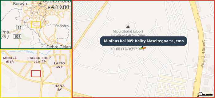 Map showing the address of Minibus Kal 005: Kality Maseltegna => Jemo in three different zoom levels.