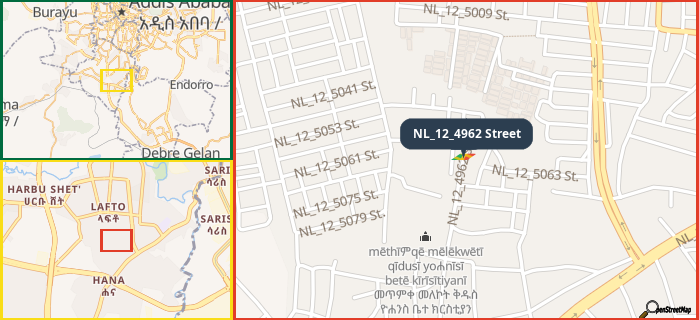 Map showing the address of NL_12_4962 Street in three different zoom levels.