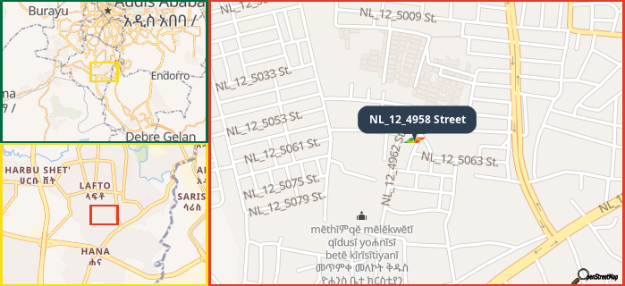 Map showing the address of NL_12_4958 Street in three different zoom levels.