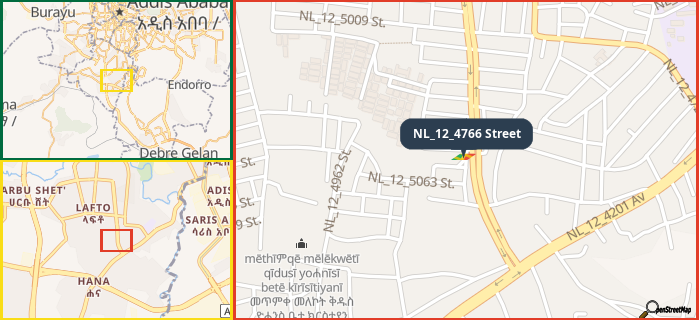 Map showing the address of NL_12_4766 Street in three different zoom levels.