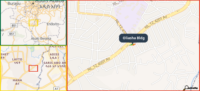 Map showing the address of Oliasha Bldg in three different zoom levels.