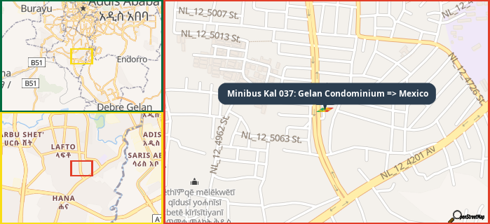 Map showing the address of Minibus Kal 037: Gelan Condominium => Mexico in three different zoom levels.
