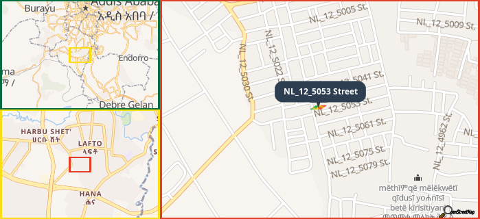 Map showing the address of NL_12_5053 Street in three different zoom levels.