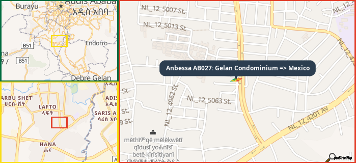 Map showing the address of Anbessa AB027: Gelan Condominium => Mexico in three different zoom levels.