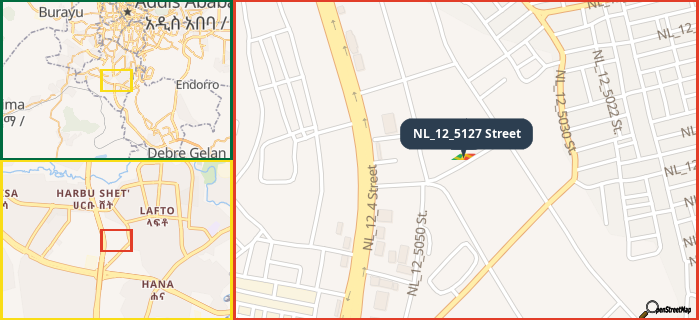 Map showing the address of NL_12_5127 Street in three different zoom levels.