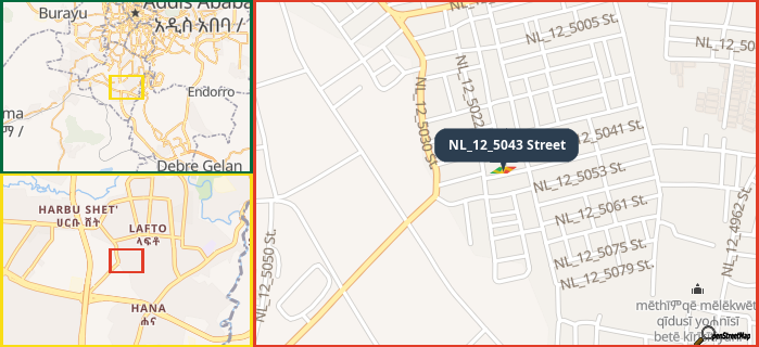 Map showing the address of NL_12_5043 Street in three different zoom levels.