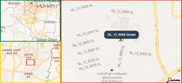 Map showing the address of NL_12_4968 Street in three different zoom levels.