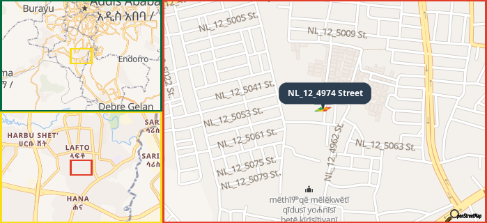 Map showing the address of NL_12_4974 Street in three different zoom levels.