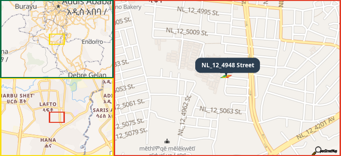 Map showing the address of NL_12_4948 Street in three different zoom levels.