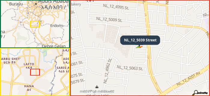Map showing the address of NL_12_5039 Street in three different zoom levels.