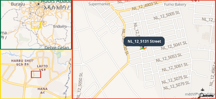 Map showing the address of NL_12_5131 Street in three different zoom levels.