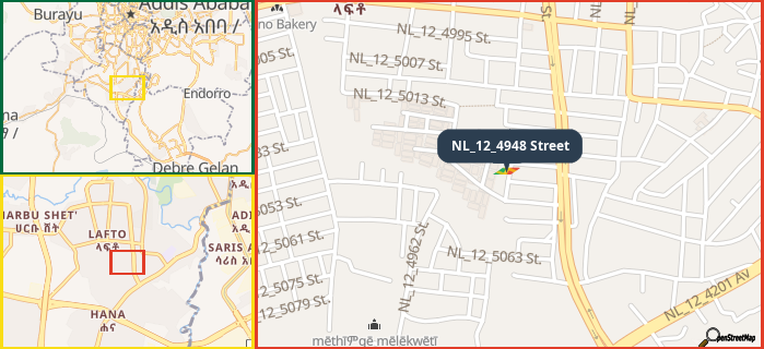 Map showing the address of NL_12_4948 Street in three different zoom levels.