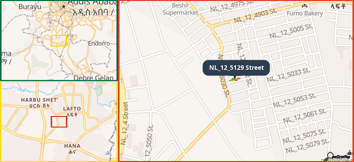 Map showing the address of NL_12_5129 Street in three different zoom levels.