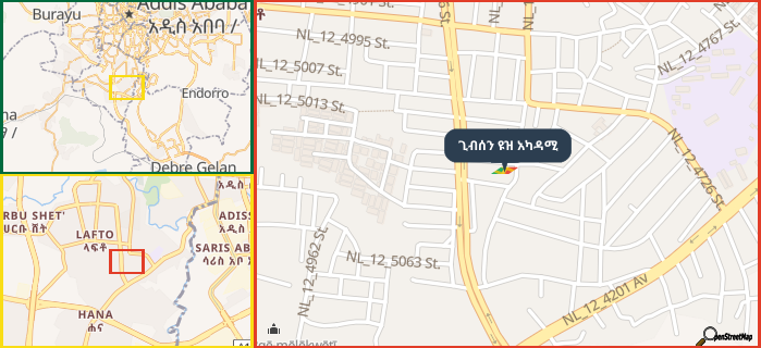 Map showing the address of ጊብሰን ዩዝ አካዳሚ in three different zoom levels.