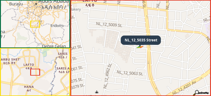 Map showing the address of NL_12_5035 Street in three different zoom levels.