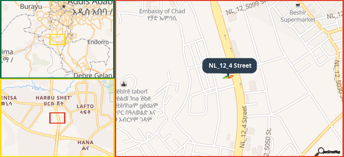 Map showing the address of NL_12_4 Street in three different zoom levels.