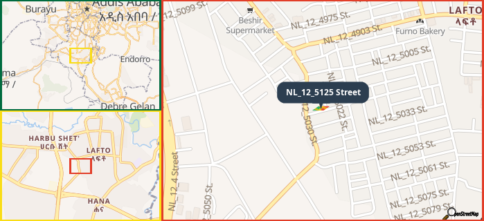 Map showing the address of NL_12_5125 Street in three different zoom levels.