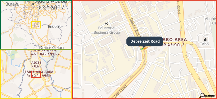 Map showing the address of Debre Zeit Road in three different zoom levels.